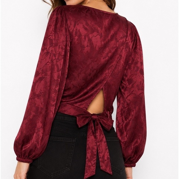 Lucca Tops - LUCCA Jacquard Satin Floral Wine Blouse Bow Tie M Coquette Fairy Dark Academia